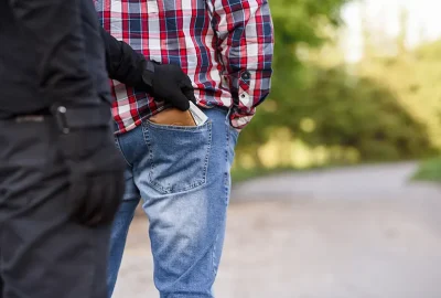 Thief in all black picking the pocket of an unaware man during the daytime